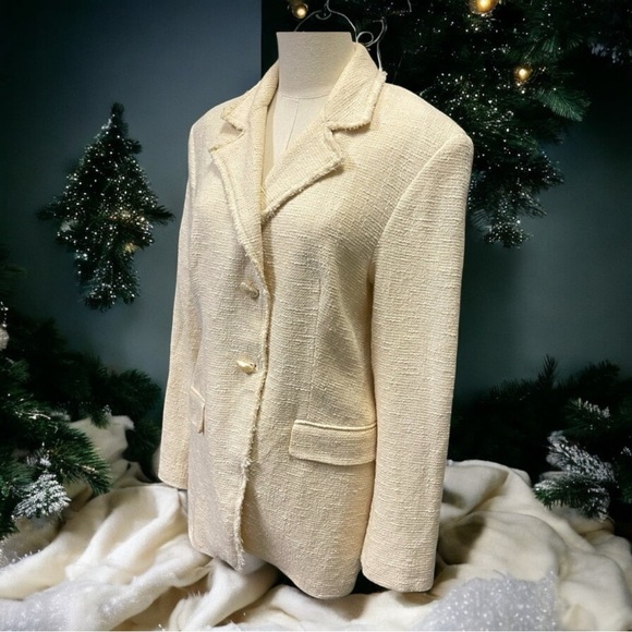 ZARA WOMEN NEW 100% Cotton Tweed Textured BLAZER w/ Pockets OYSTER WHITE Size L - Picture 2 of 12